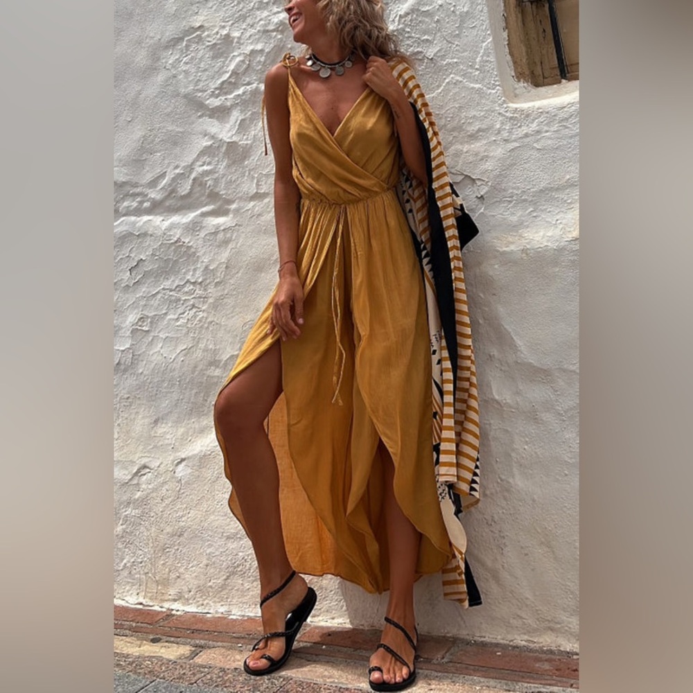 SHORE THING BABE ELASTIC WAIST SLIT WIDE LEG JUMPSUIT